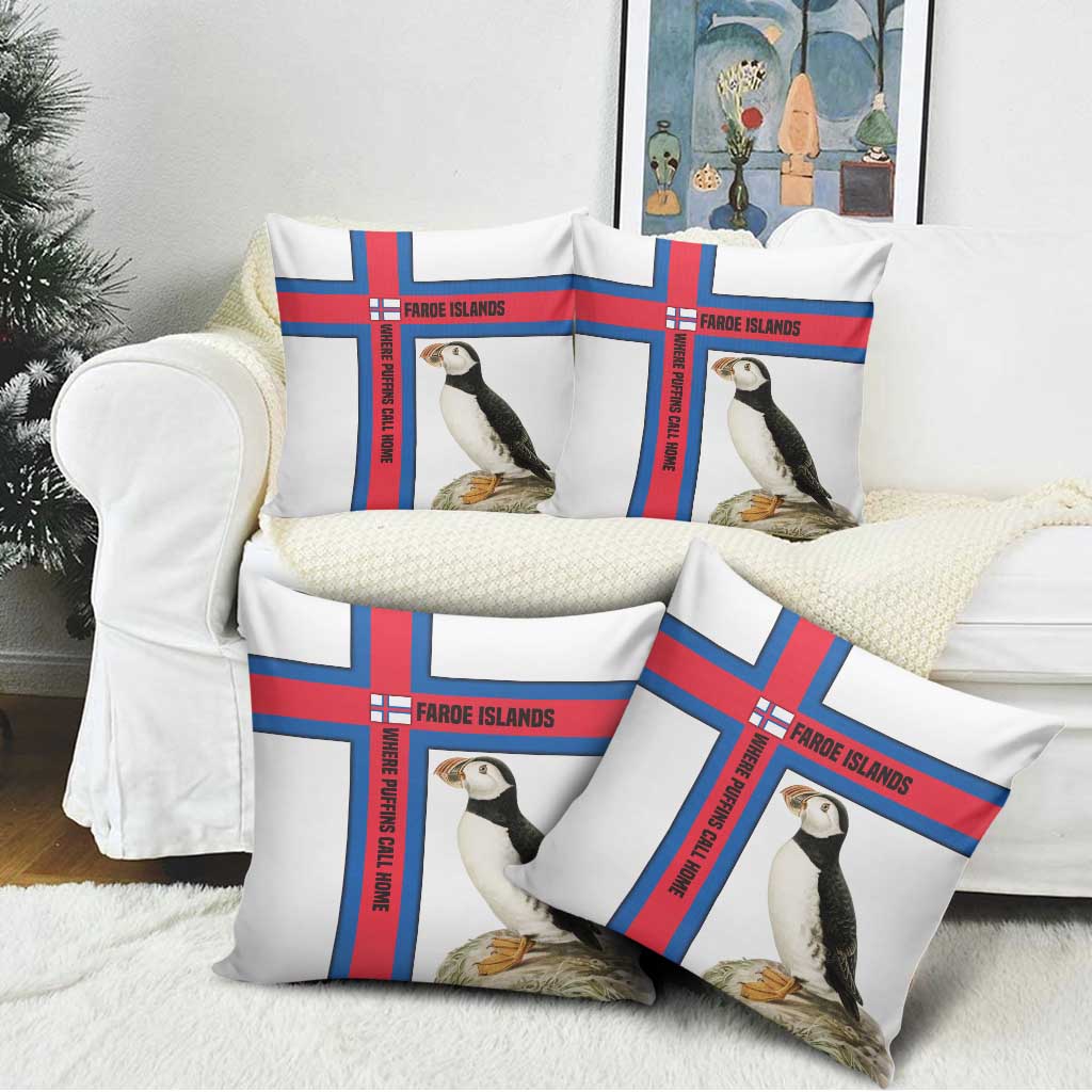 Faroe Islands Pillow Cover with Red Blue Cross Design and Puffin Bird - Wonder Print Shop