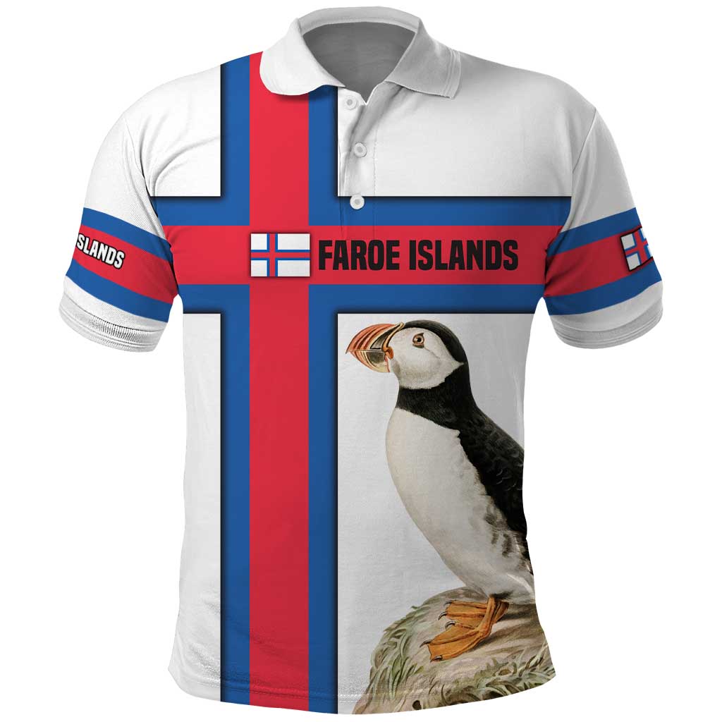 Faroe Islands Polo Shirt with Red Blue Cross Design and Puffin Bird - Wonder Print Shop