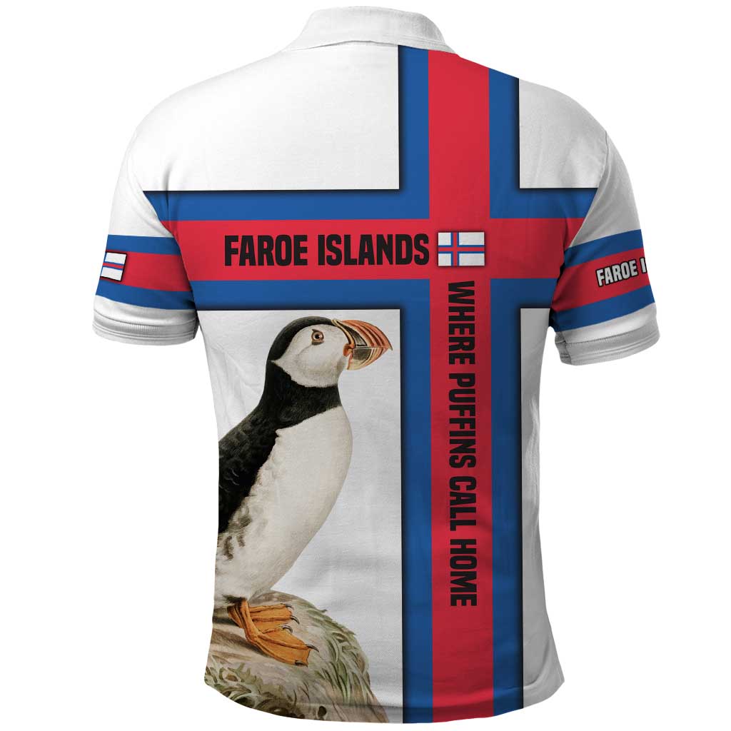 Faroe Islands Polo Shirt with Red Blue Cross Design and Puffin Bird - Wonder Print Shop