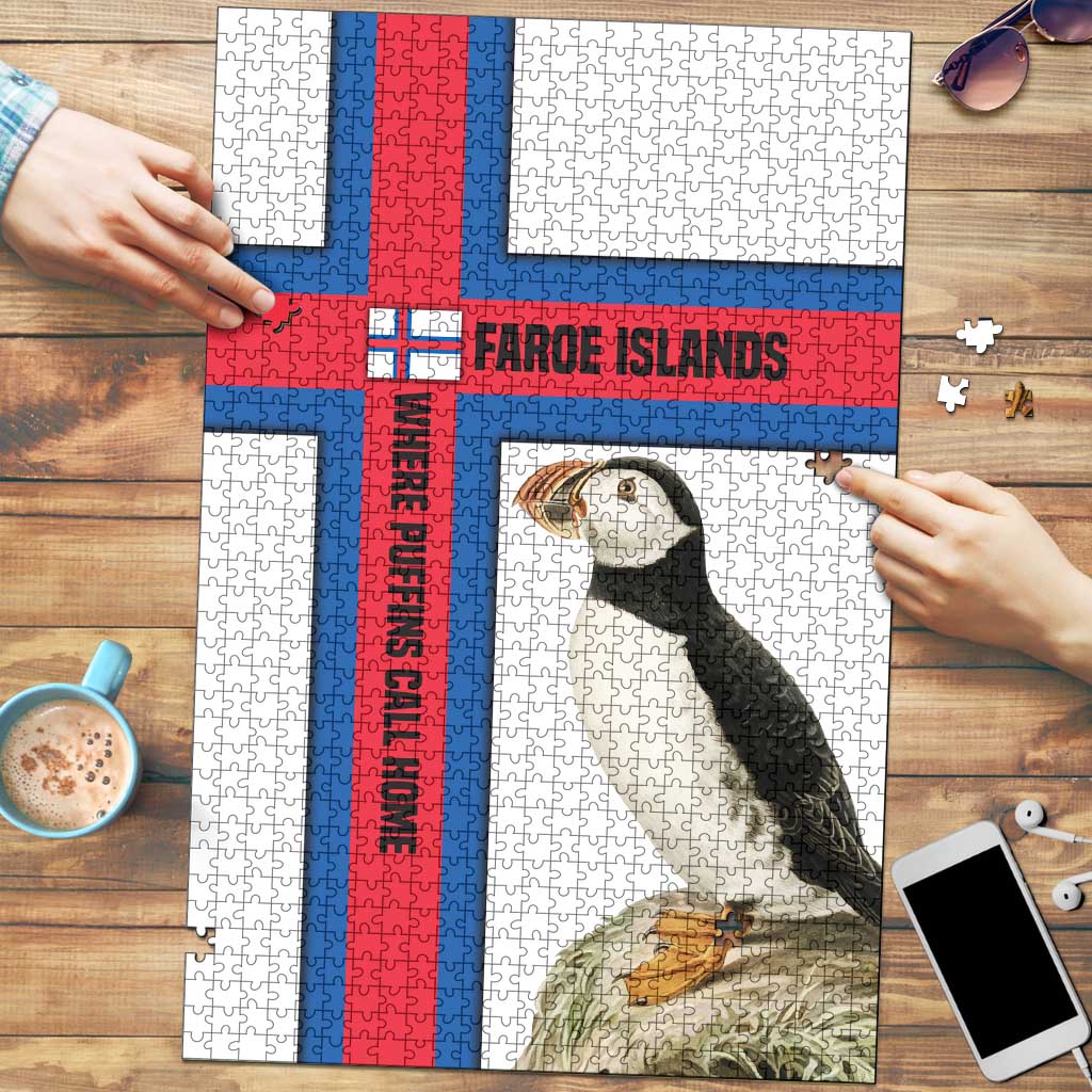 Faroe Islands Puzzle with Red Blue Cross Design and Puffin Bird - Wonder Print Shop