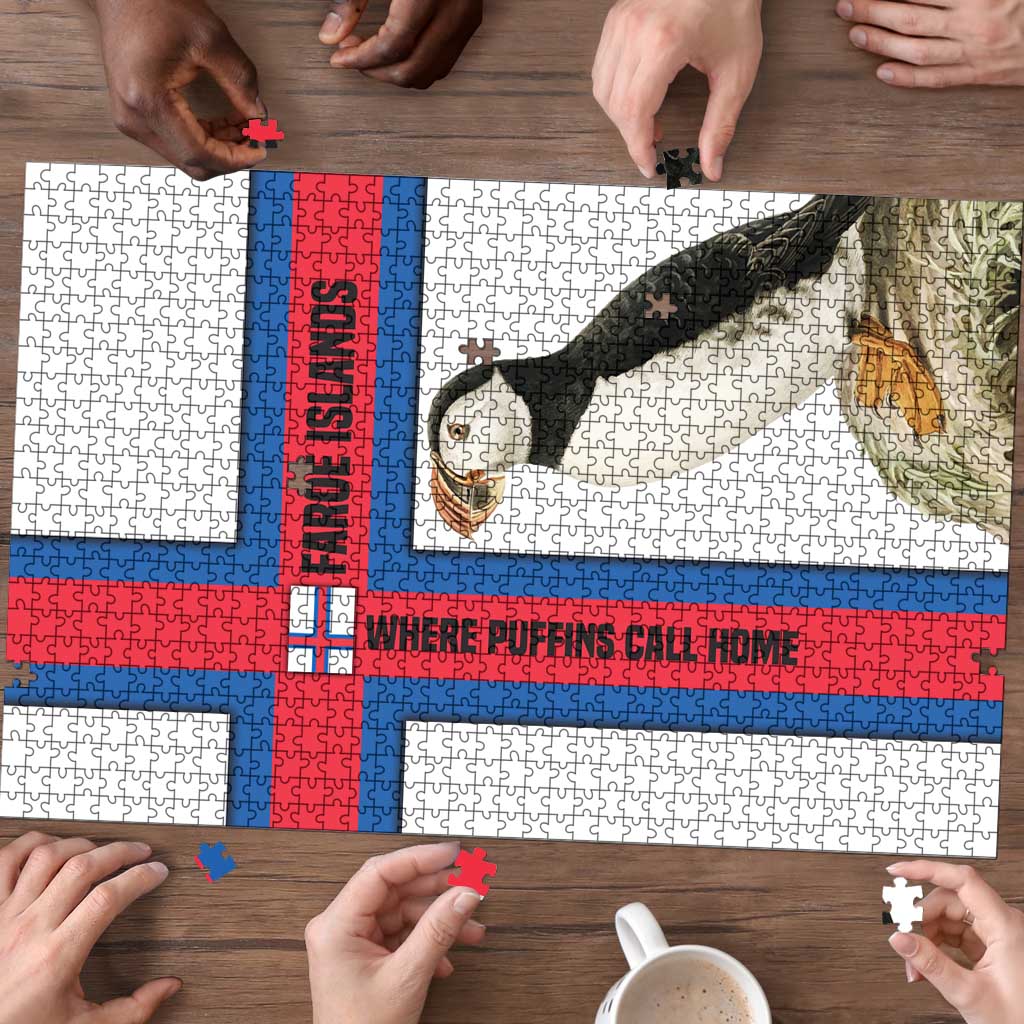 Faroe Islands Puzzle with Red Blue Cross Design and Puffin Bird - Wonder Print Shop