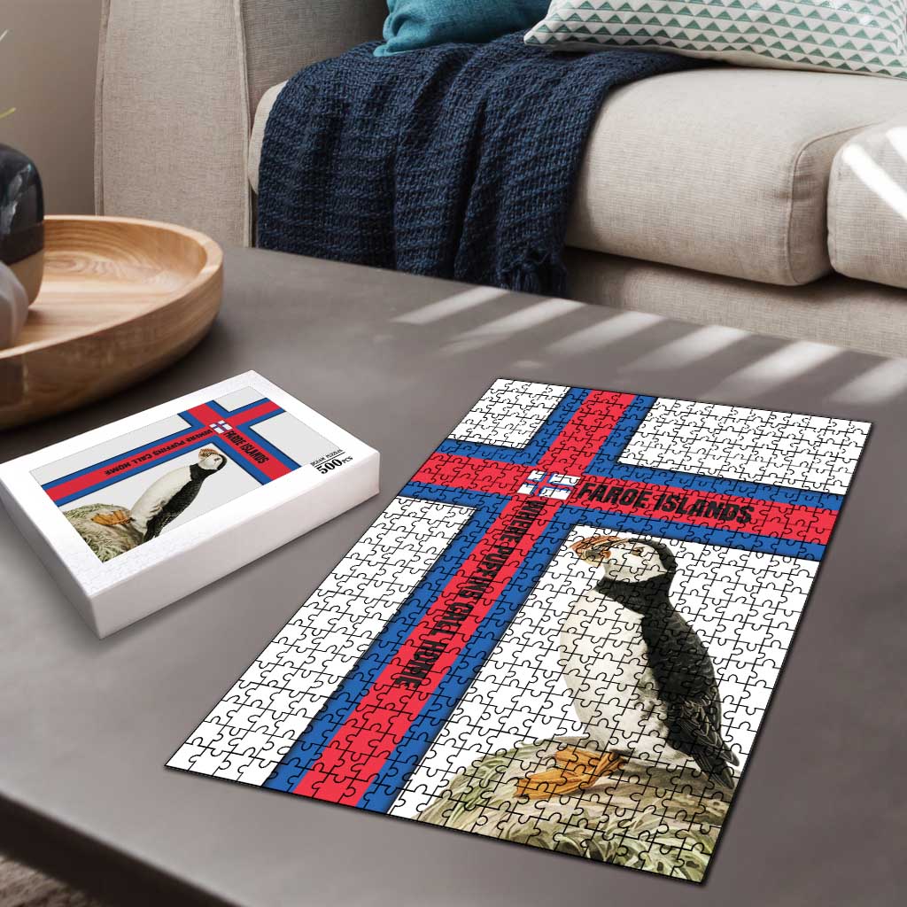 Faroe Islands Puzzle with Red Blue Cross Design and Puffin Bird - Wonder Print Shop
