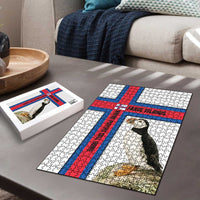 Faroe Islands Puzzle with Red Blue Cross Design and Puffin Bird - Wonder Print Shop