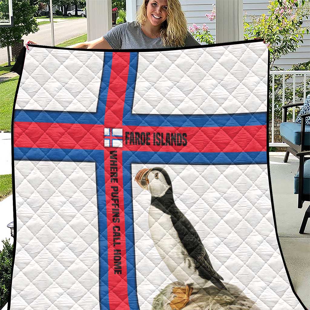 Faroe Islands Quilt with Red Blue Cross Design and Puffin Bird - Wonder Print Shop