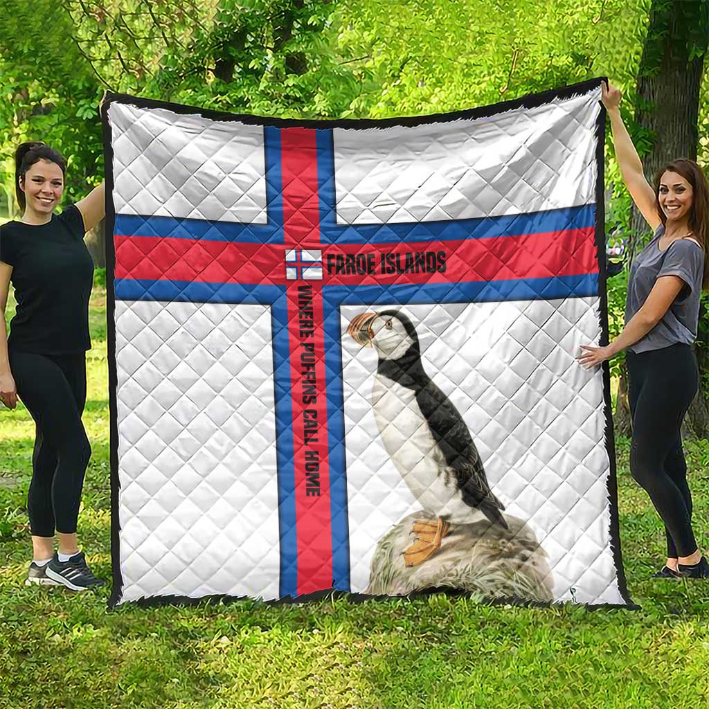 Faroe Islands Quilt with Red Blue Cross Design and Puffin Bird - Wonder Print Shop