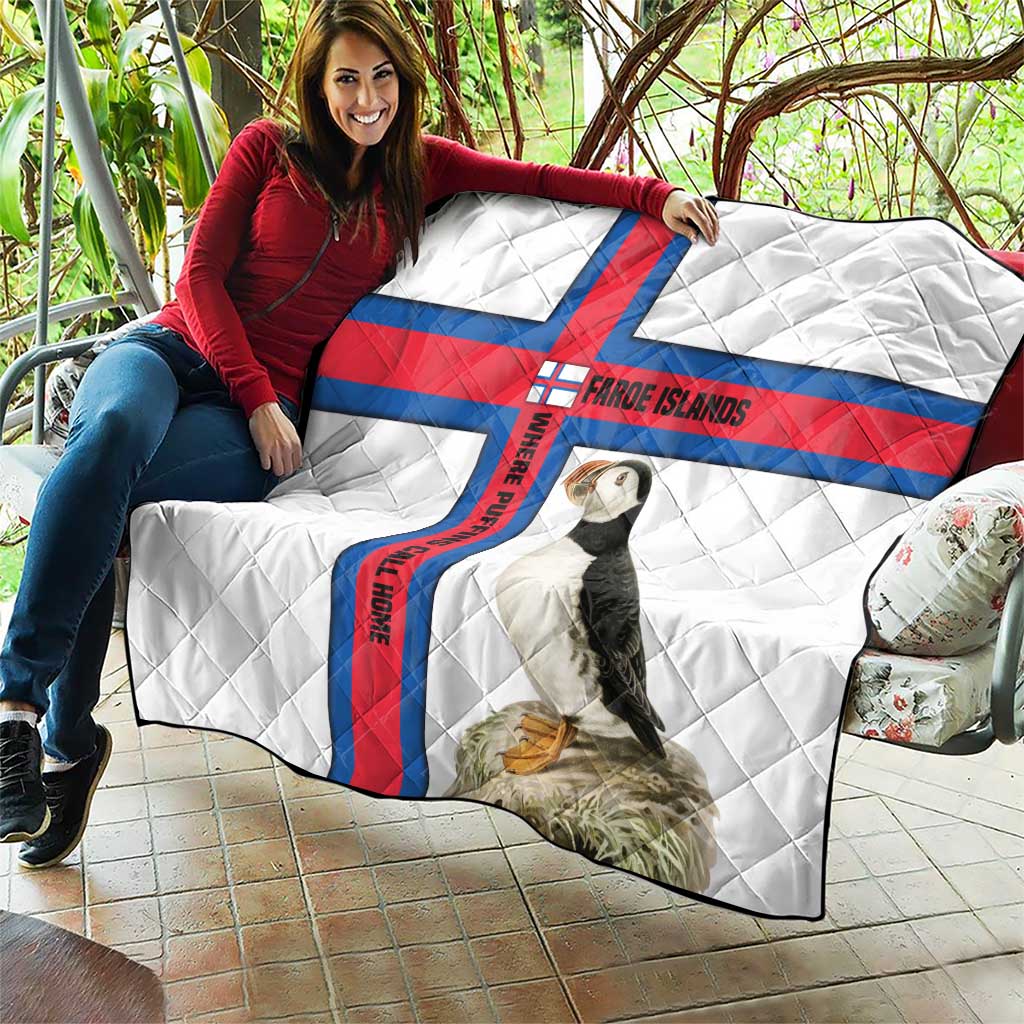 Faroe Islands Quilt with Red Blue Cross Design and Puffin Bird - Wonder Print Shop