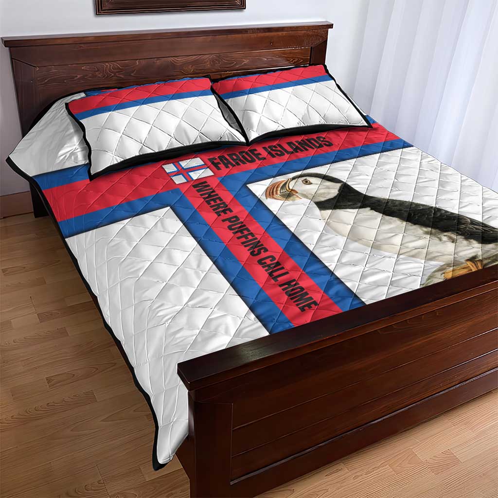 Faroe Islands Quilt Bed Set with Red Blue Cross Design and Puffin Bird - Wonder Print Shop