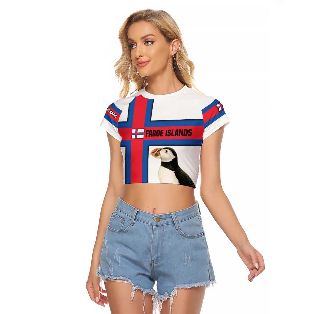 Faroe Islands Raglan Cropped T Shirt with Red Blue Cross Design and Puffin Bird - Wonder Print Shop