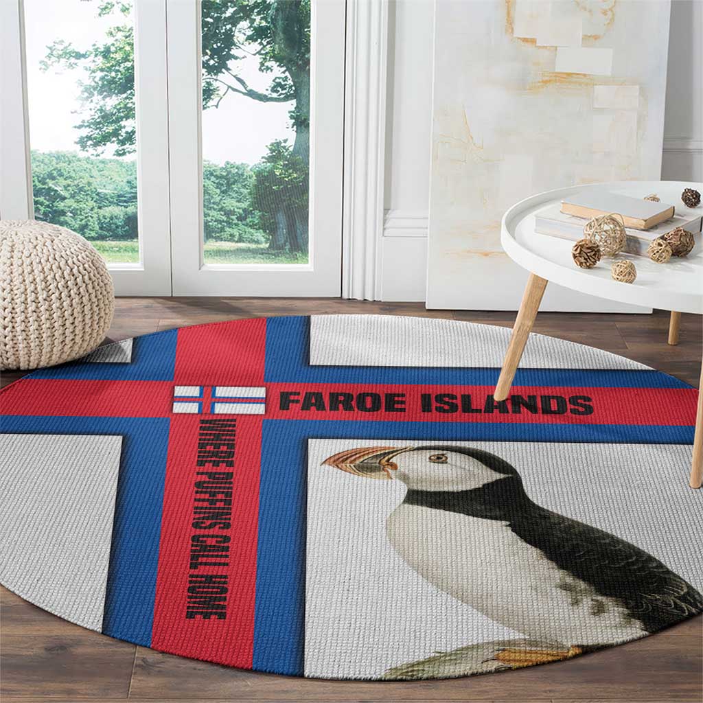 Faroe Islands Round Carpet with Red Blue Cross Design and Puffin Bird - Wonder Print Shop