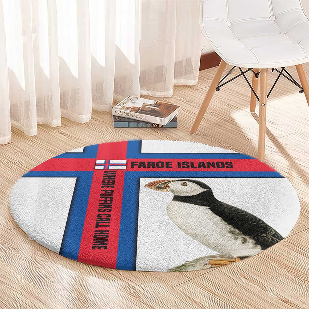 Faroe Islands Round Carpet with Red Blue Cross Design and Puffin Bird - Wonder Print Shop