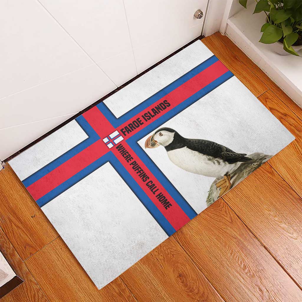 Faroe Islands Rubber Doormat with Red Blue Cross Design and Puffin Bird - Wonder Print Shop