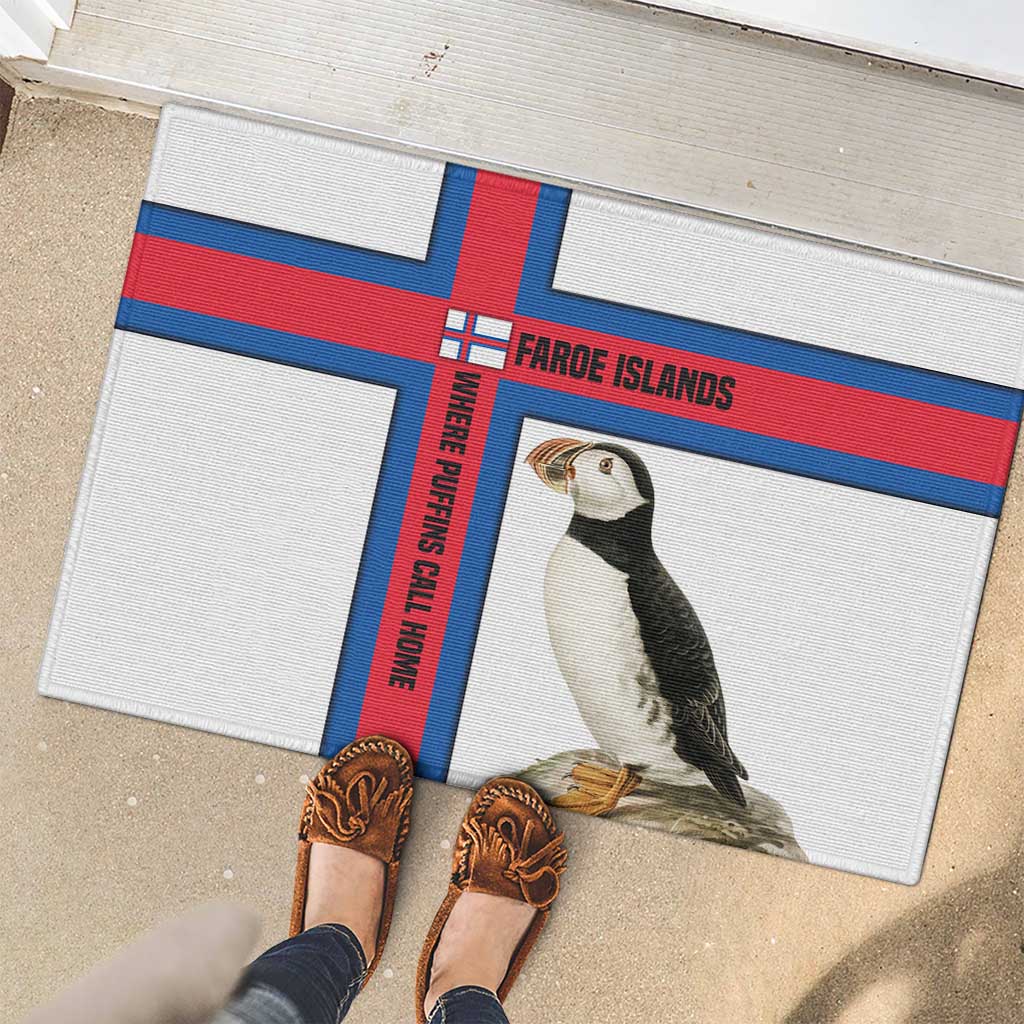 Faroe Islands Rubber Doormat with Red Blue Cross Design and Puffin Bird - Wonder Print Shop