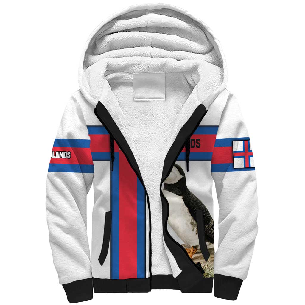 Faroe Islands Sherpa Hoodie with Red Blue Cross Design and Puffin Bird - Wonder Print Shop