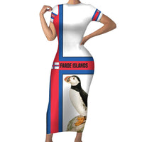 Faroe Islands Short Sleeve Bodycon Dress with Red Blue Cross Design and Puffin Bird - Wonder Print Shop