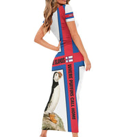 Faroe Islands Short Sleeve Bodycon Dress with Red Blue Cross Design and Puffin Bird - Wonder Print Shop