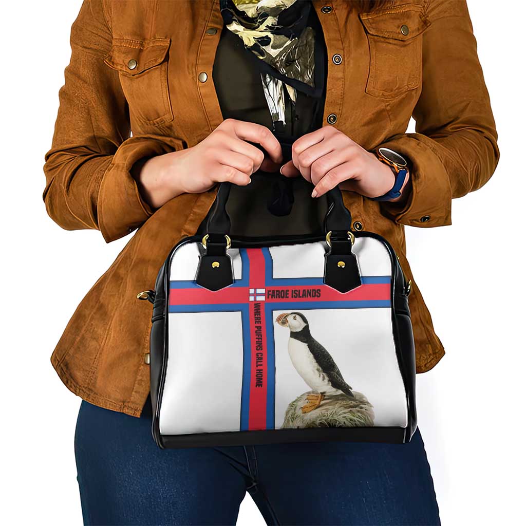 Faroe Islands Shoulder Handbag with Red Blue Cross Design and Puffin Bird - Wonder Print Shop
