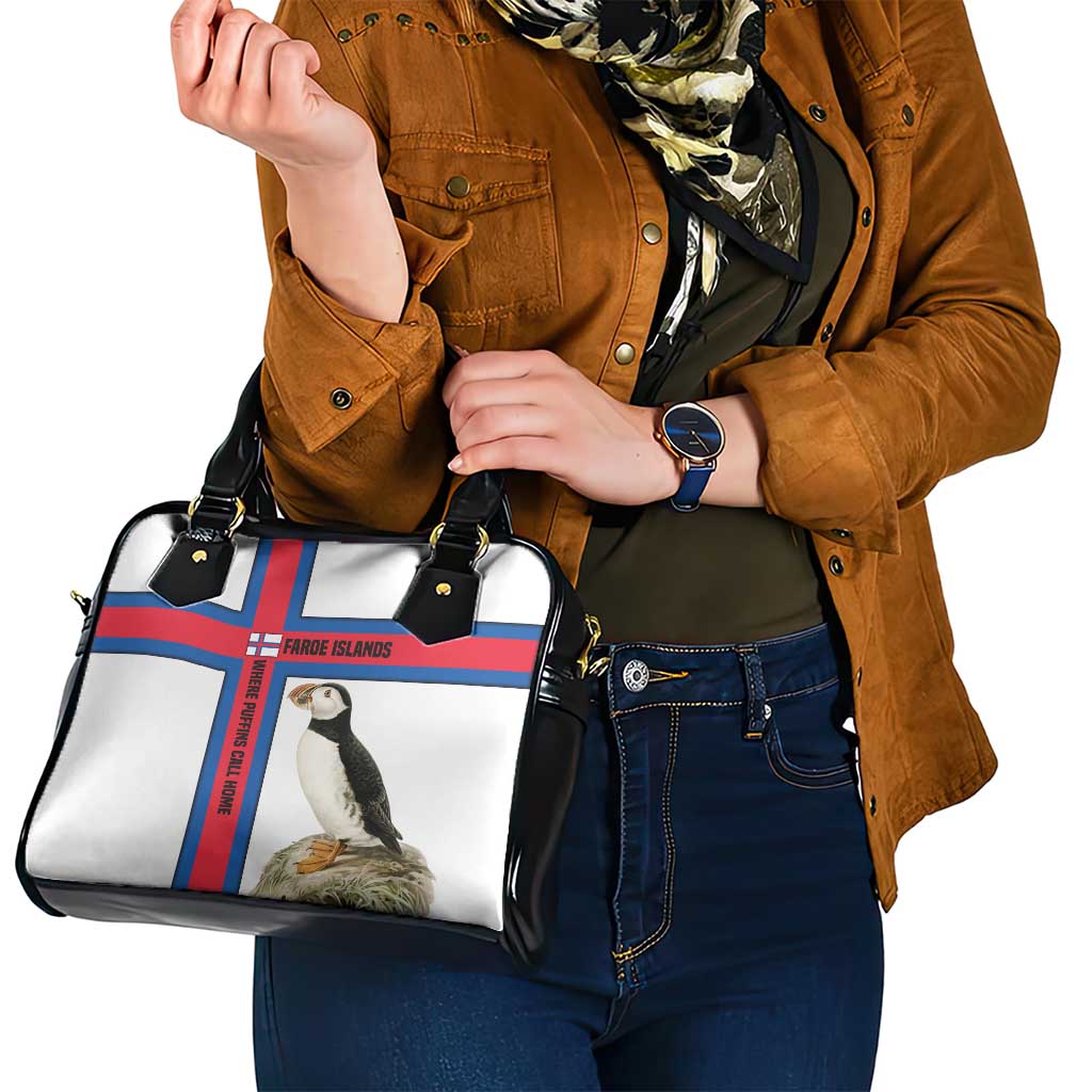 Faroe Islands Shoulder Handbag with Red Blue Cross Design and Puffin Bird - Wonder Print Shop