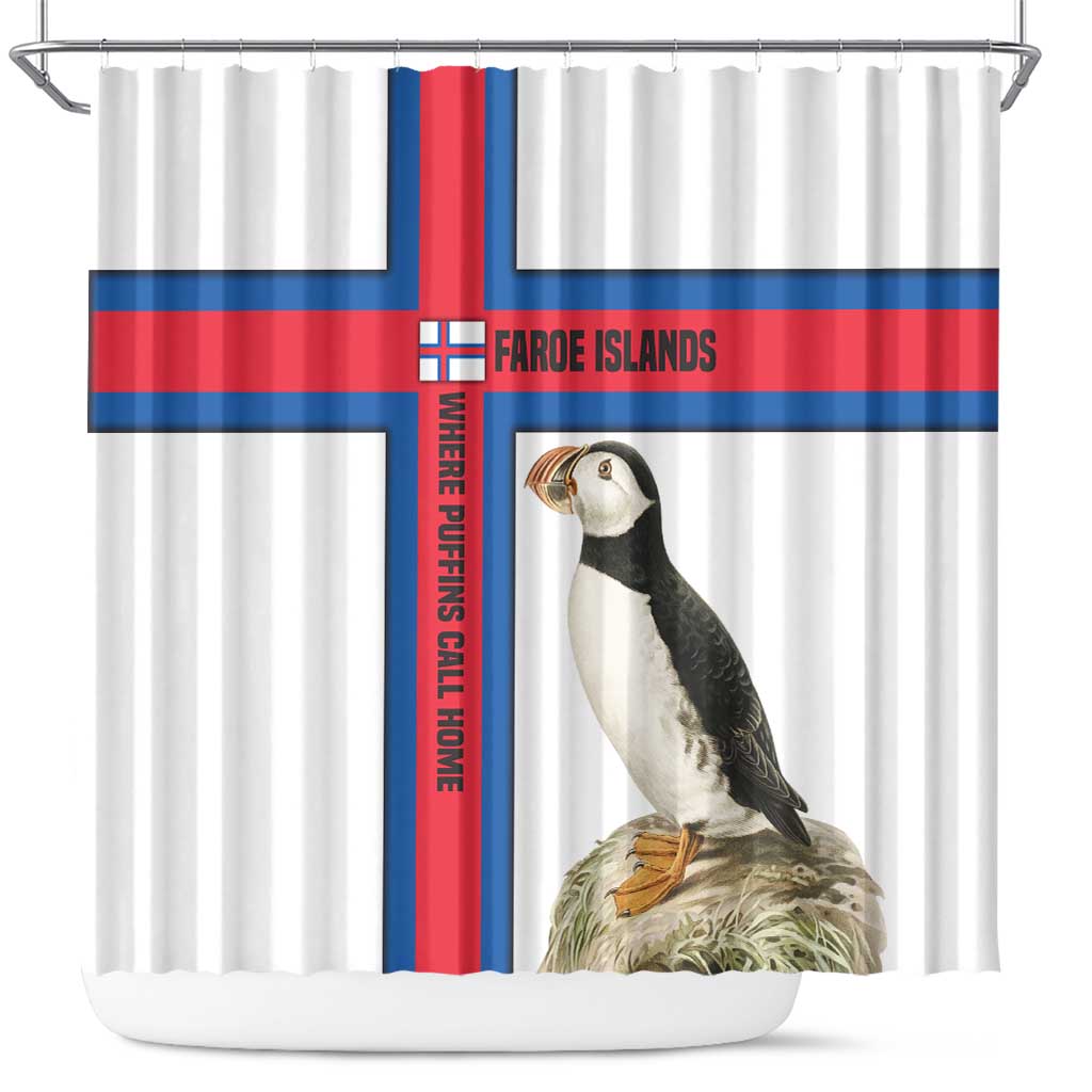 Faroe Islands Shower Curtain with Red Blue Cross Design and Puffin Bird - Wonder Print Shop