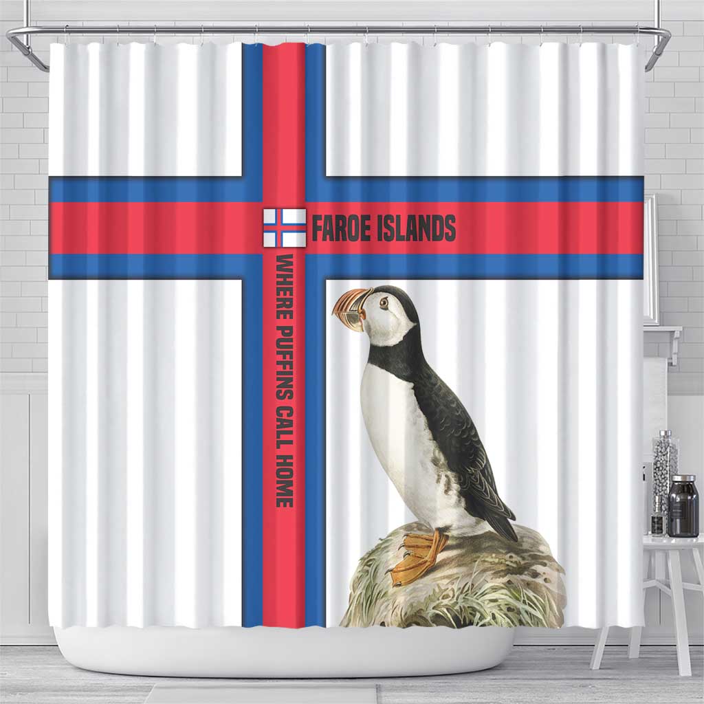 Faroe Islands Shower Curtain with Red Blue Cross Design and Puffin Bird - Wonder Print Shop