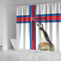 Faroe Islands Shower Curtain with Red Blue Cross Design and Puffin Bird - Wonder Print Shop