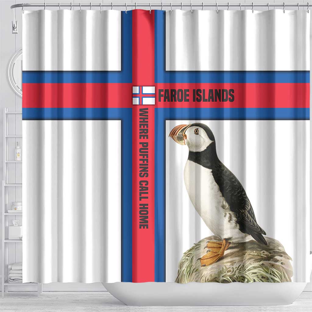 Faroe Islands Shower Curtain with Red Blue Cross Design and Puffin Bird - Wonder Print Shop