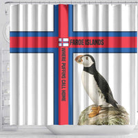 Faroe Islands Shower Curtain with Red Blue Cross Design and Puffin Bird - Wonder Print Shop