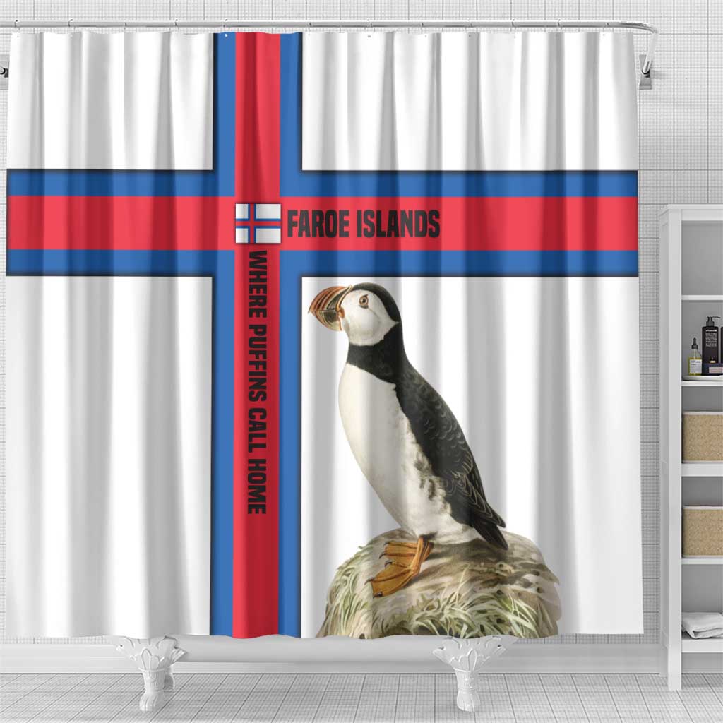 Faroe Islands Shower Curtain with Red Blue Cross Design and Puffin Bird - Wonder Print Shop