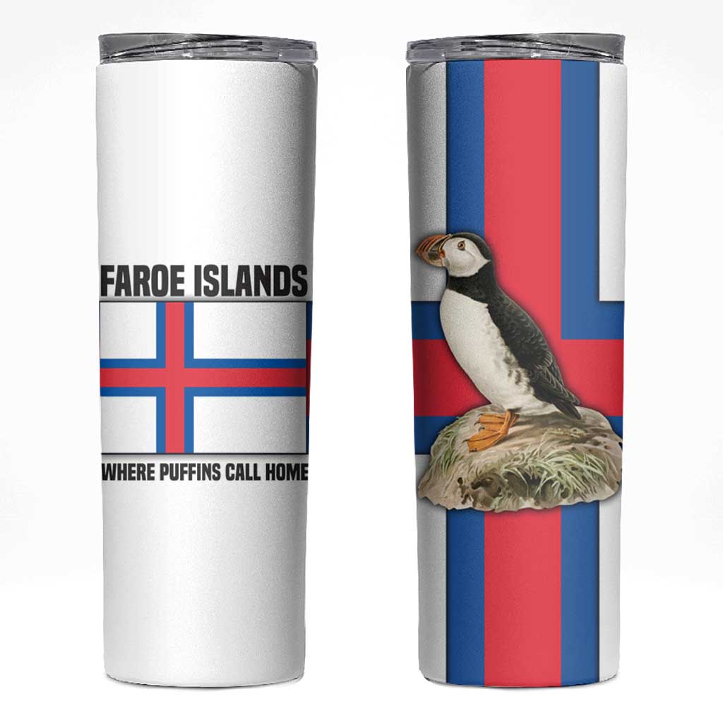 Faroe Islands Skinny Tumbler with Red Blue Cross Design and Puffin Bird - Wonder Print Shop
