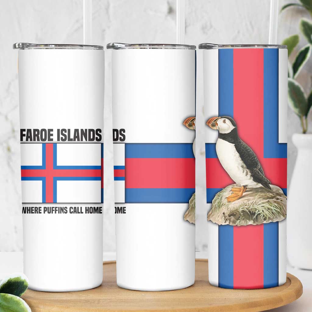 Faroe Islands Skinny Tumbler with Red Blue Cross Design and Puffin Bird - Wonder Print Shop