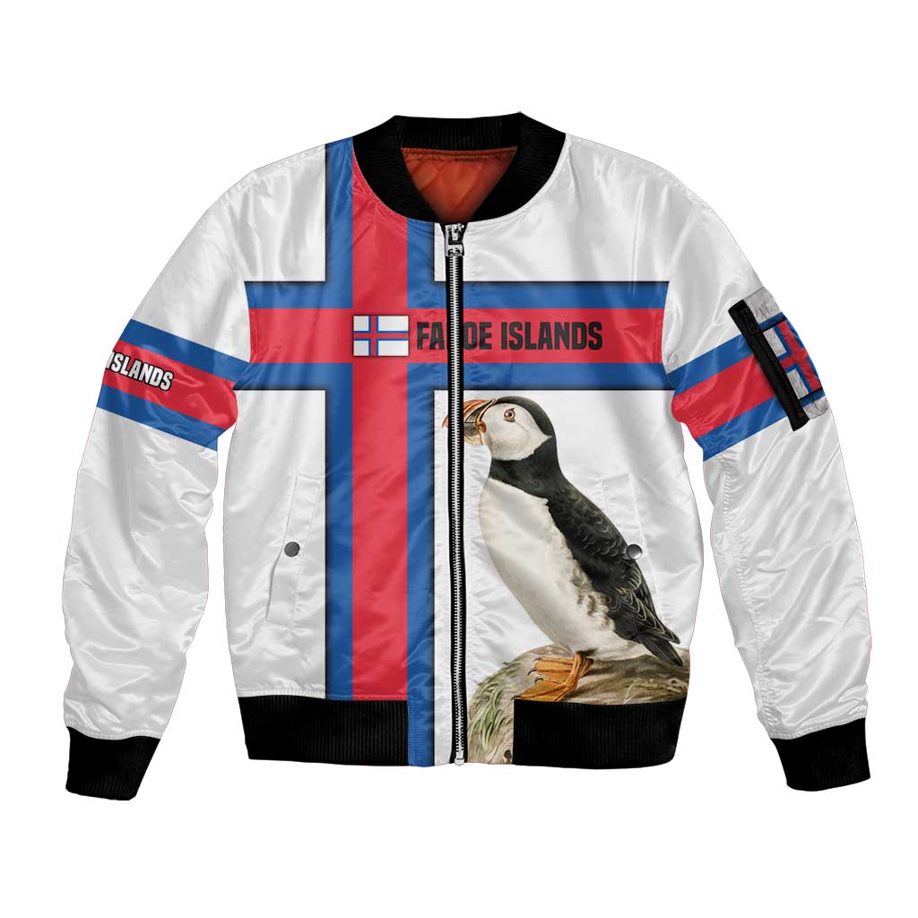 Faroe Islands Sleeve Zip Bomber Jacket with Red Blue Cross Design and Puffin Bird - Wonder Print Shop