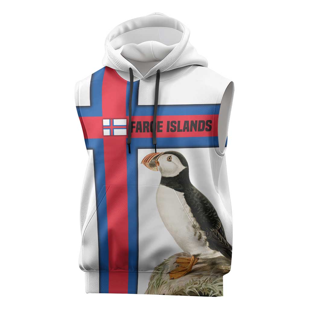 Faroe Islands Sleeveless Hoodie with Red Blue Cross Design and Puffin Bird - Wonder Print Shop