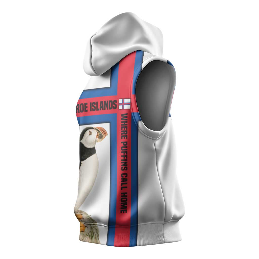 Faroe Islands Sleeveless Hoodie with Red Blue Cross Design and Puffin Bird - Wonder Print Shop