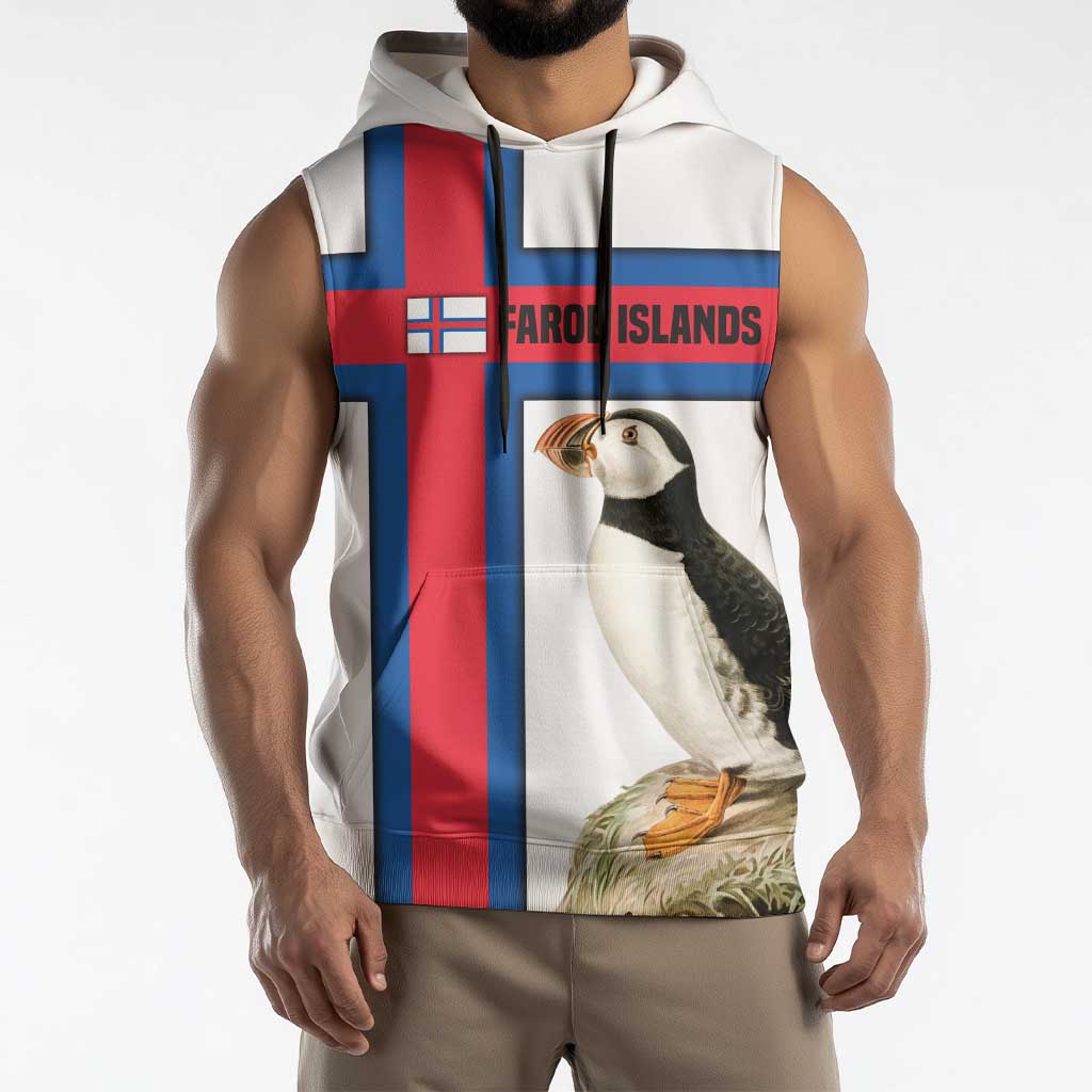 Faroe Islands Sleeveless Hoodie with Red Blue Cross Design and Puffin Bird - Wonder Print Shop