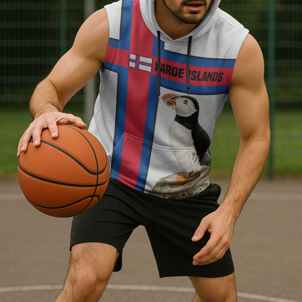 Faroe Islands Sleeveless Hoodie with Red Blue Cross Design and Puffin Bird - Wonder Print Shop