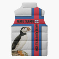 Faroe Islands Sleeveless Puffer Jacket with Red Blue Cross Design and Puffin Bird - Wonder Print Shop
