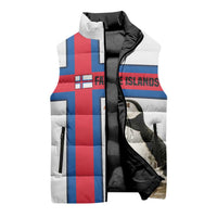 Faroe Islands Sleeveless Puffer Jacket with Red Blue Cross Design and Puffin Bird - Wonder Print Shop