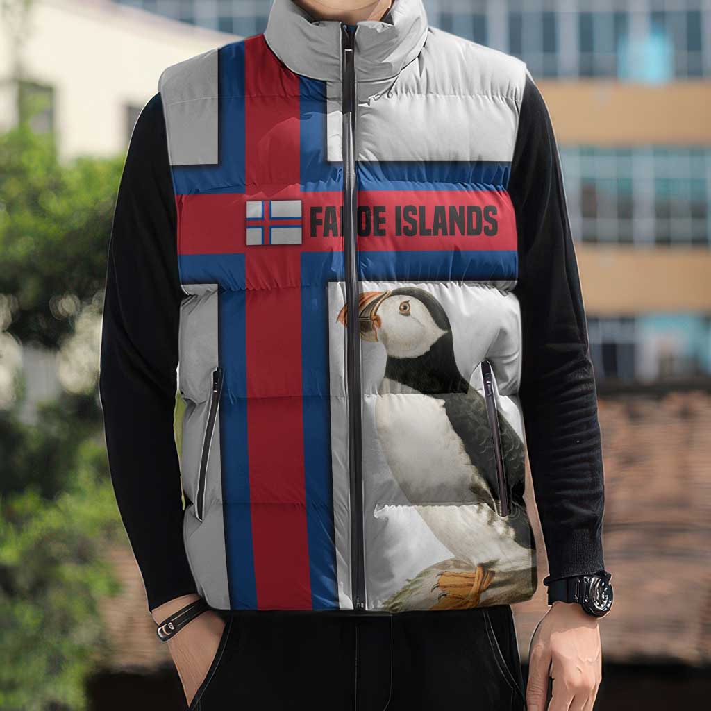Faroe Islands Sleeveless Puffer Jacket with Red Blue Cross Design and Puffin Bird - Wonder Print Shop