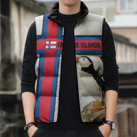 Faroe Islands Sleeveless Puffer Jacket with Red Blue Cross Design and Puffin Bird - Wonder Print Shop