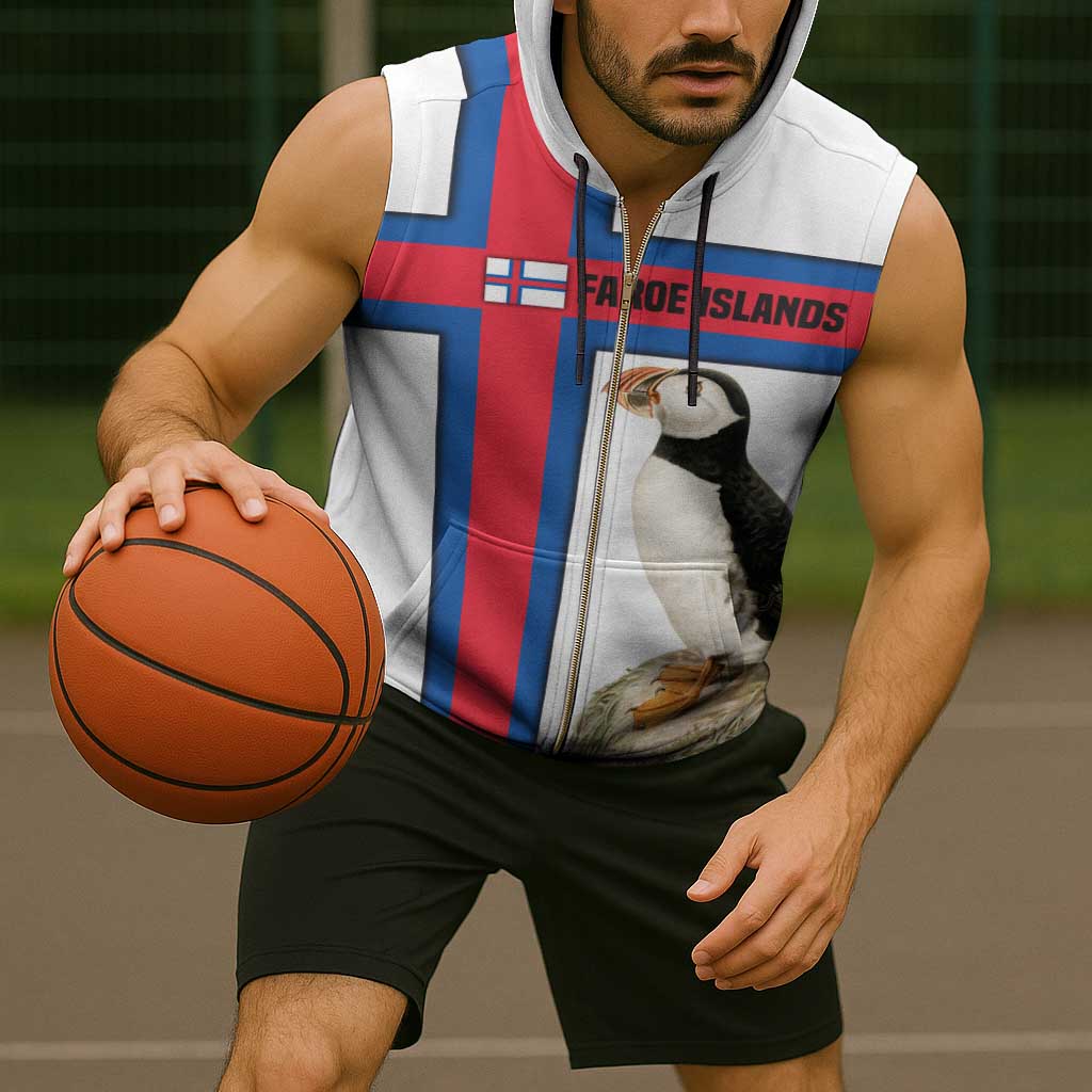 Faroe Islands Sleeveless Zip Hoodie with Red Blue Cross Design and Puffin Bird - Wonder Print Shop