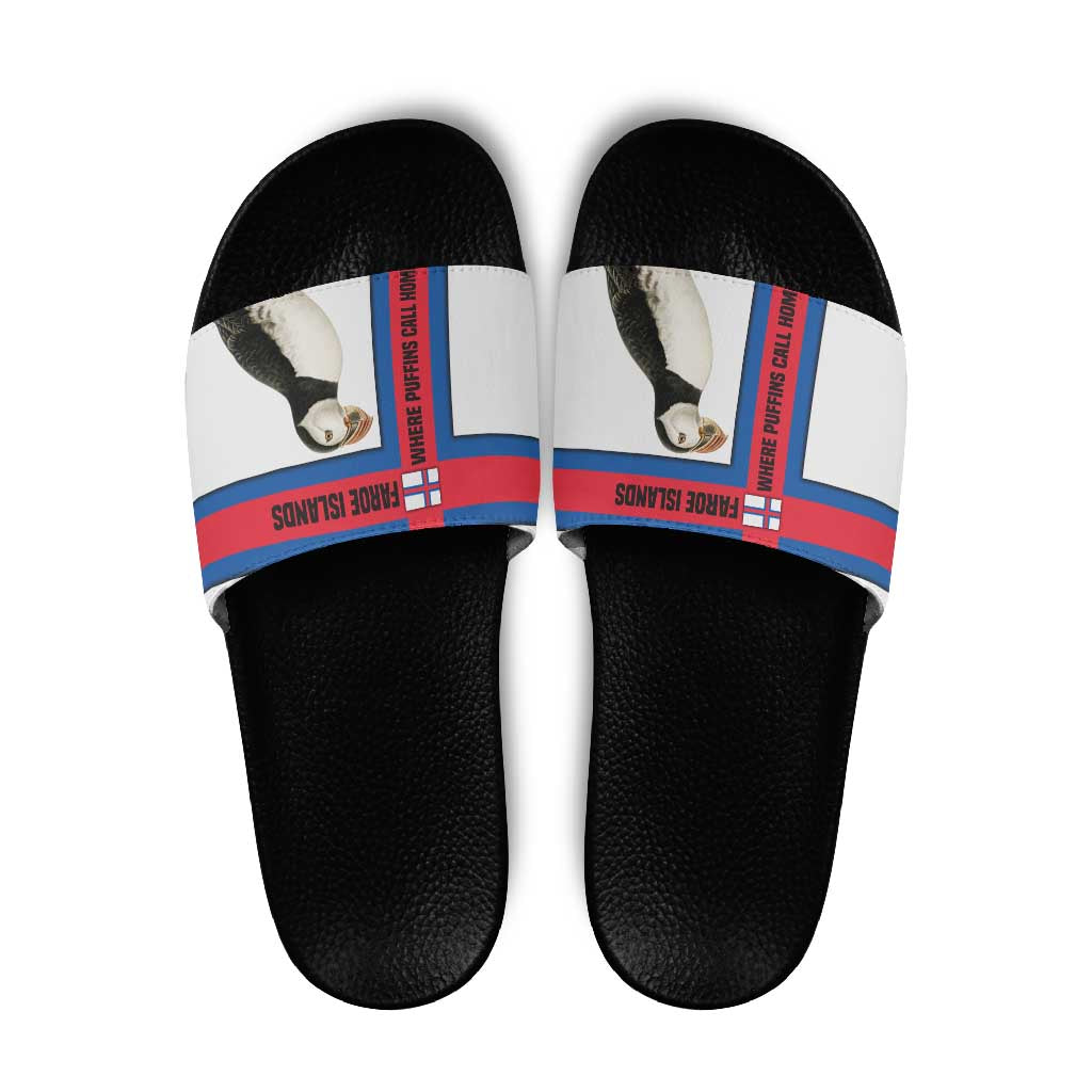 Faroe Islands Slide Sandals with Red Blue Cross Design and Puffin Bird - Wonder Print Shop