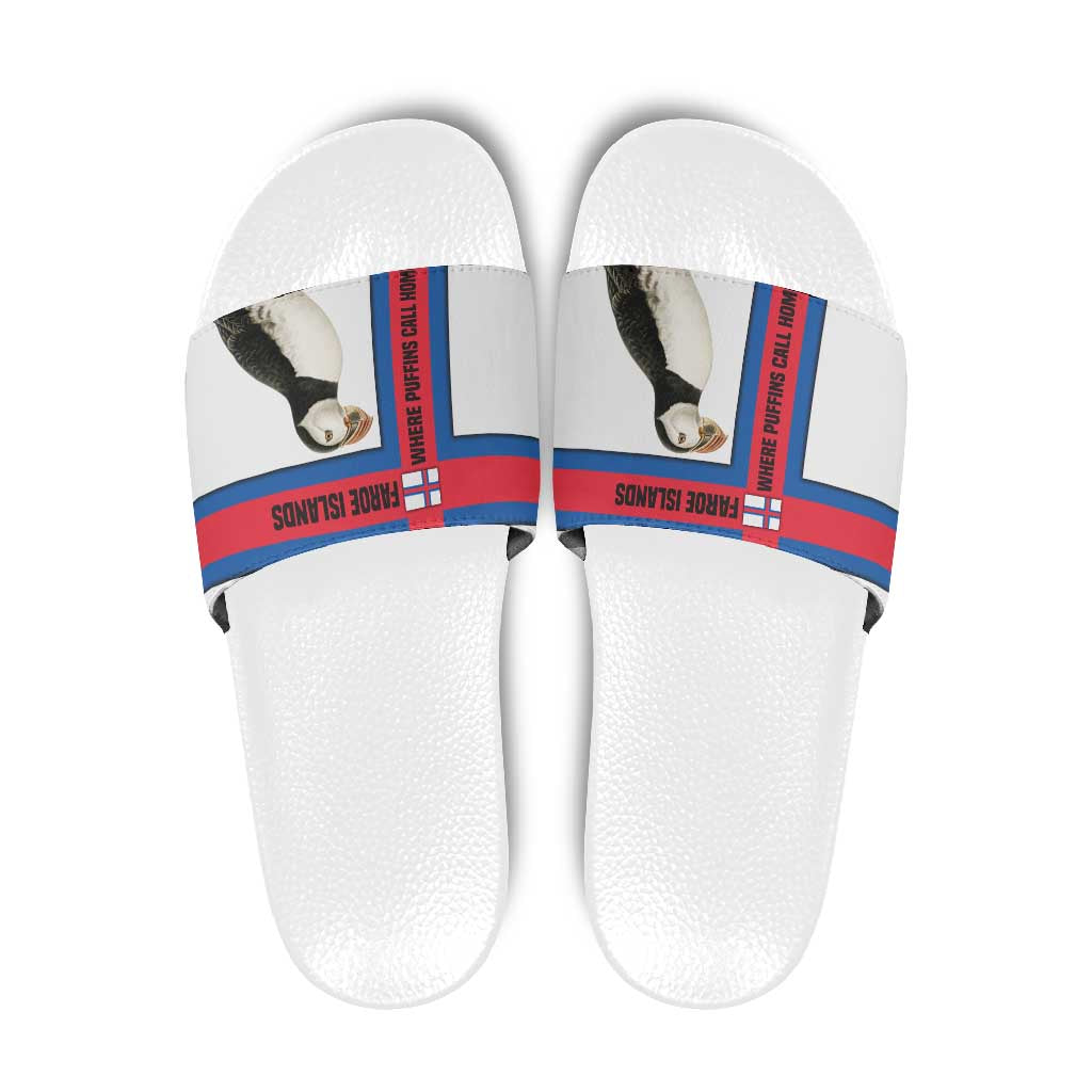 Faroe Islands Slide Sandals with Red Blue Cross Design and Puffin Bird - Wonder Print Shop