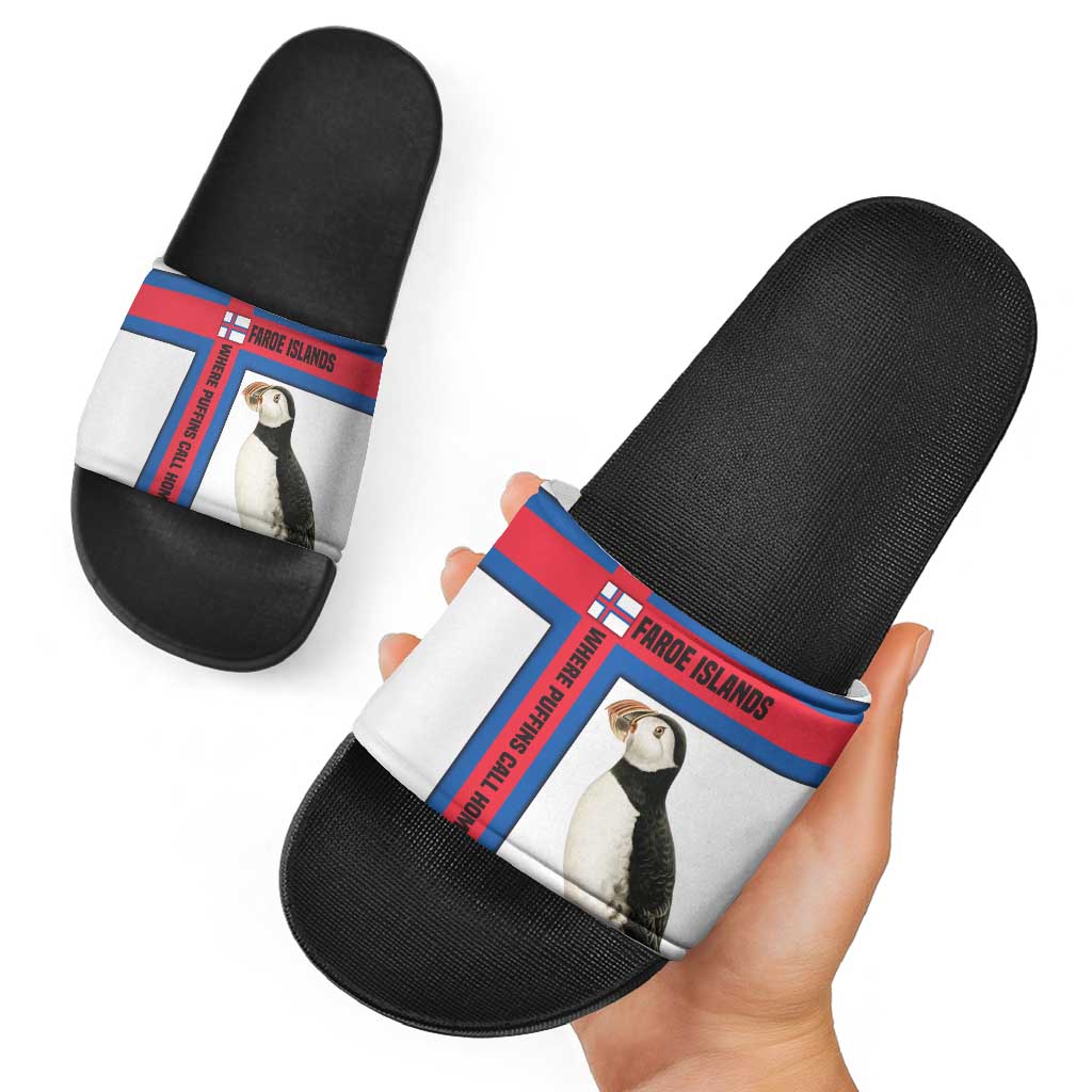 Faroe Islands Slide Sandals with Red Blue Cross Design and Puffin Bird - Wonder Print Shop