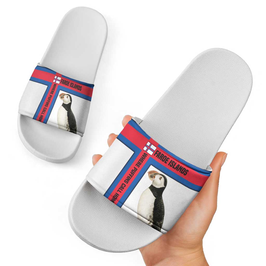 Faroe Islands Slide Sandals with Red Blue Cross Design and Puffin Bird - Wonder Print Shop