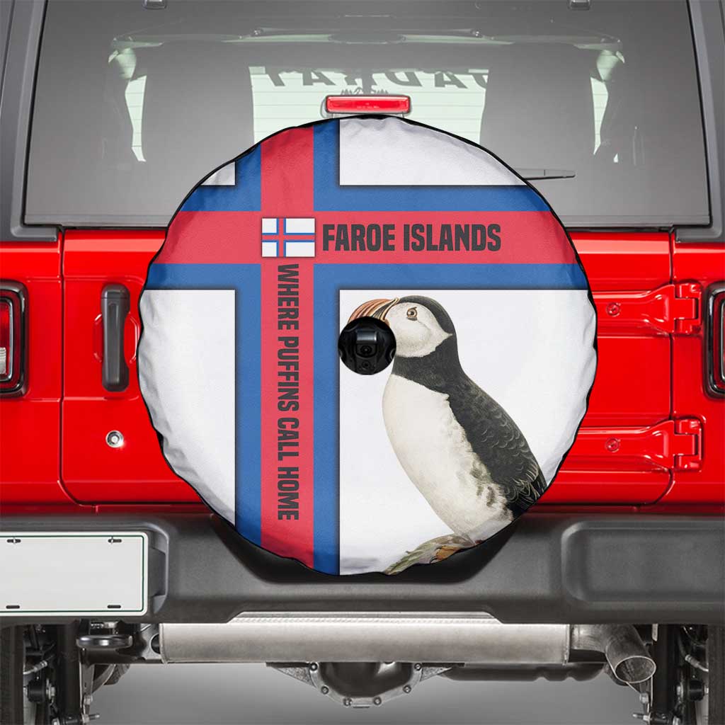 Faroe Islands Spare Tire Cover with Red Blue Cross Design and Puffin Bird - Wonder Print Shop