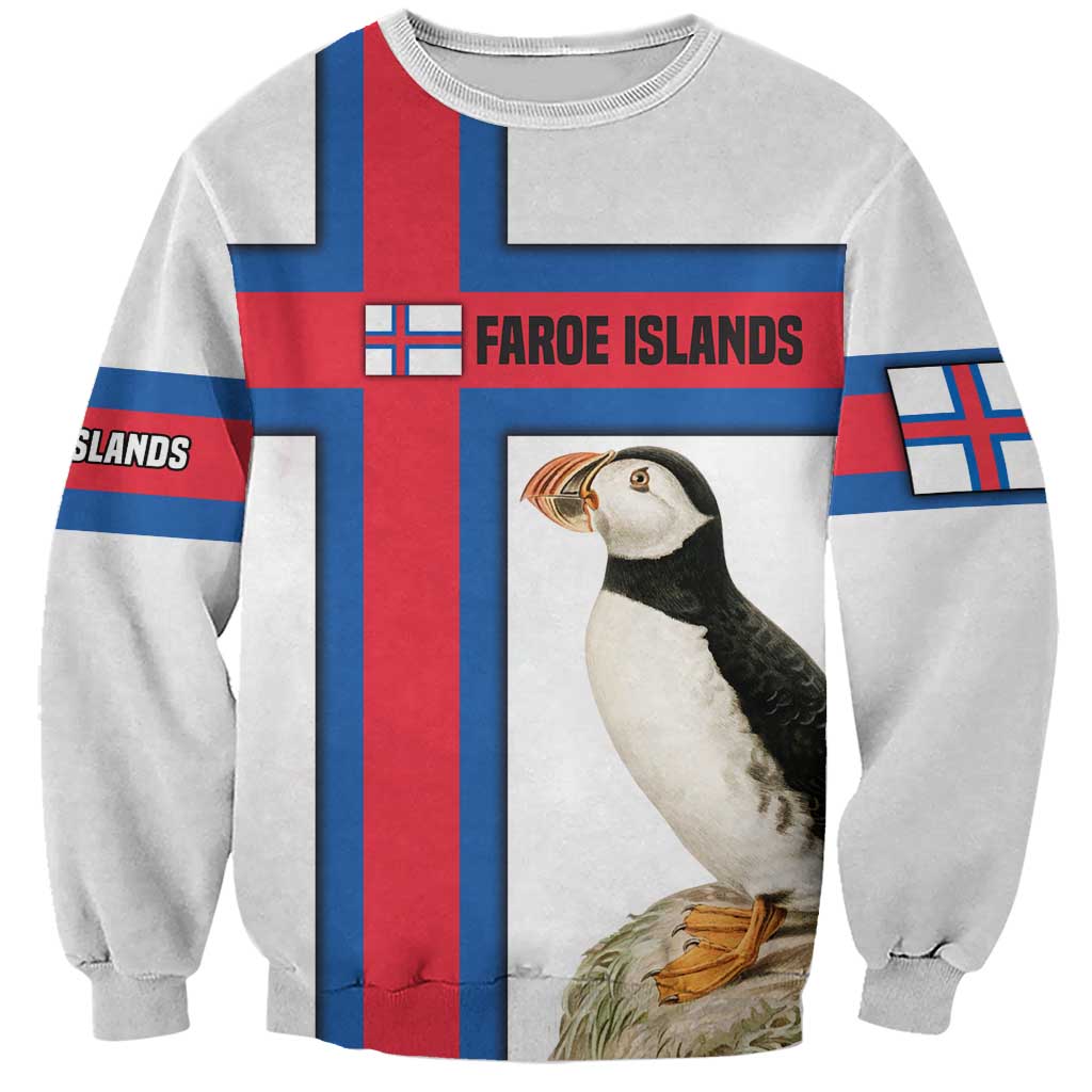 Faroe Islands Sweatshirt with Red Blue Cross Design and Puffin Bird - Wonder Print Shop