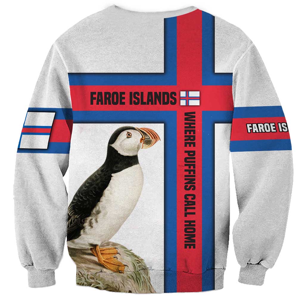Faroe Islands Sweatshirt with Red Blue Cross Design and Puffin Bird - Wonder Print Shop