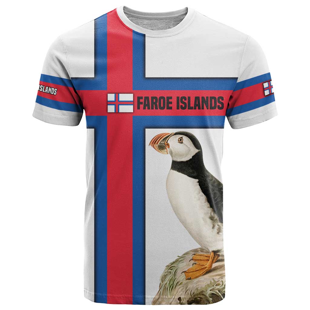 Faroe Islands T Shirt with Red Blue Cross Design and Puffin Bird - Wonder Print Shop