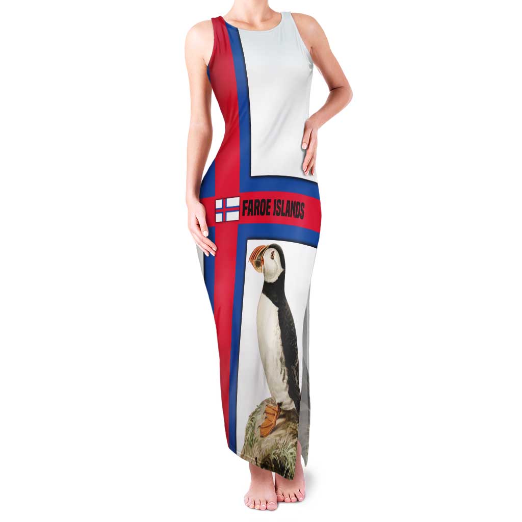 Faroe Islands Tank Maxi Dress with Red Blue Cross Design and Puffin Bird - Wonder Print Shop