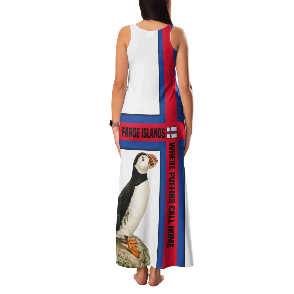 Faroe Islands Tank Maxi Dress with Red Blue Cross Design and Puffin Bird - Wonder Print Shop