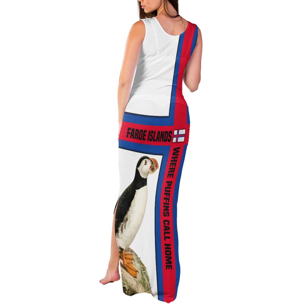 Faroe Islands Tank Maxi Dress with Red Blue Cross Design and Puffin Bird - Wonder Print Shop